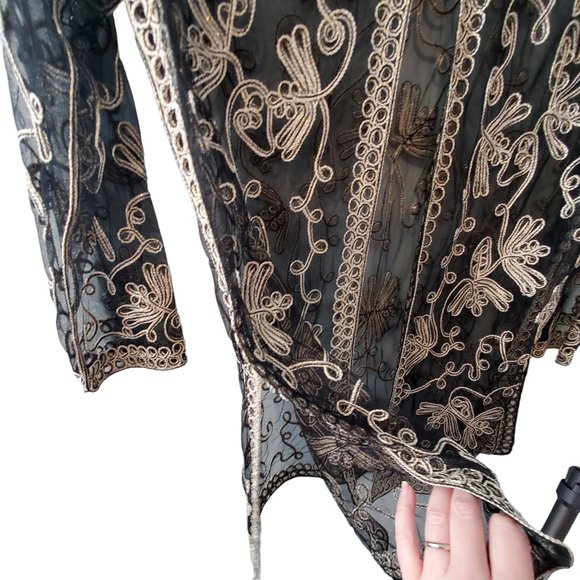 Sophie Chang Studio kimono top womens 1X ? black gold applique mesh Holi… - Picture 4 of 5